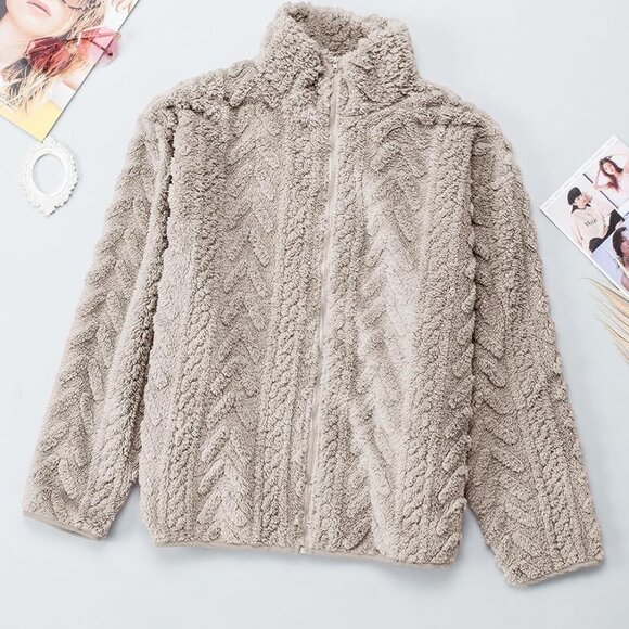 Women's Fleece Jacket Khaki Large Cozy Warm Zip Up Stand Collar Pockets - Picture 4 of 7